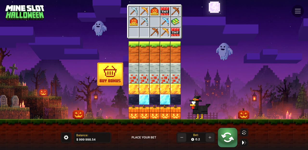 Sikirini ya Mine Slot Halloween yokhala ndi mizere ya midadada, gulu la zida ndi batani la Buy Bonus