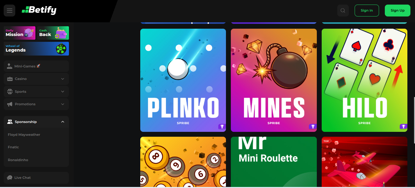 Gawo la masewera ang'onoang'ono pa Betify lokhala ndi Plinko, Mines ndi Hilo