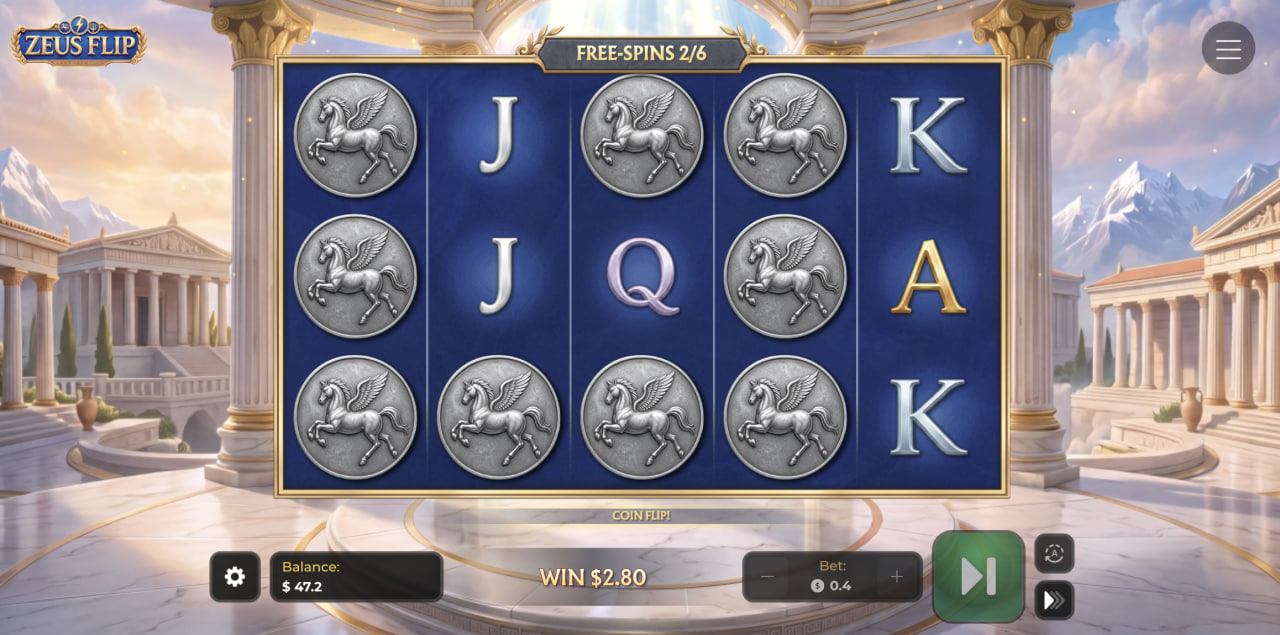 Mizere ya Zeus Flip pa nthawi ya Free Spins yokhala ndi ndalama za Pegasus pa Coin Flip