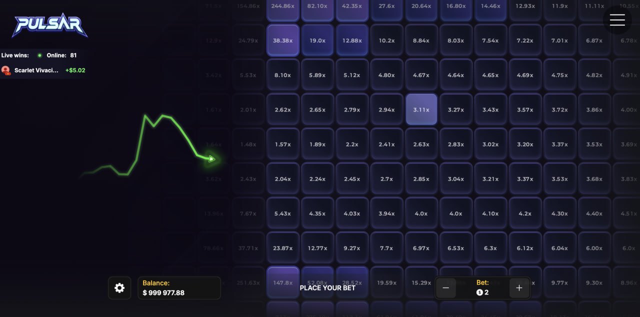 Pulsar ndemanga game ya casino demo ndi gridi ya maselo ofiirira, ma multiplier ndi njira yobiriwira ya kuwala